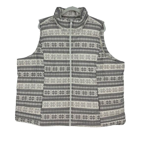 Lands End Womens Down Vest Size 2X Nordic Geometric White Outdoor Hiking Pockets - Picture 1 of 8